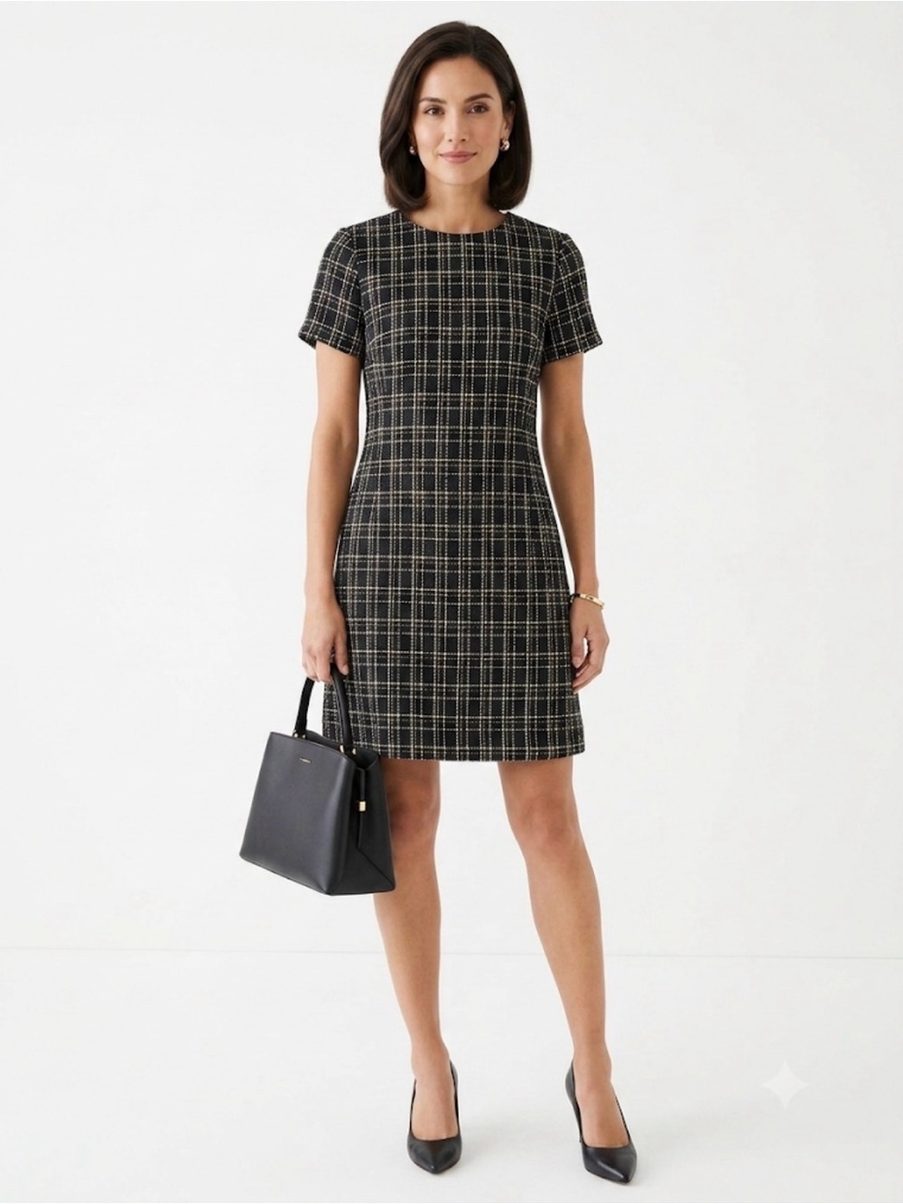 ON 34th Black Gold Plaid Tweed Dress Size 10 | Thick Fabric w/ Pockets